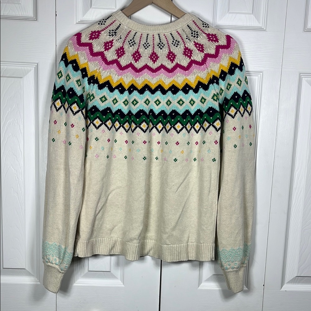 Crown & Ivy Cream Fair Isle Crew Neck Sweater Size M Long Sleeves Colorful Warm - Picture 2 of 8